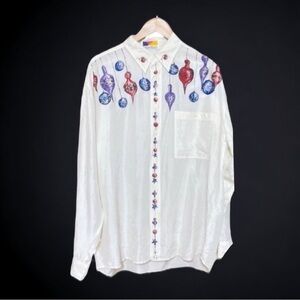 Montello Womens Vintage Shirt Size XL White Silk Oversized Ornament Blouse